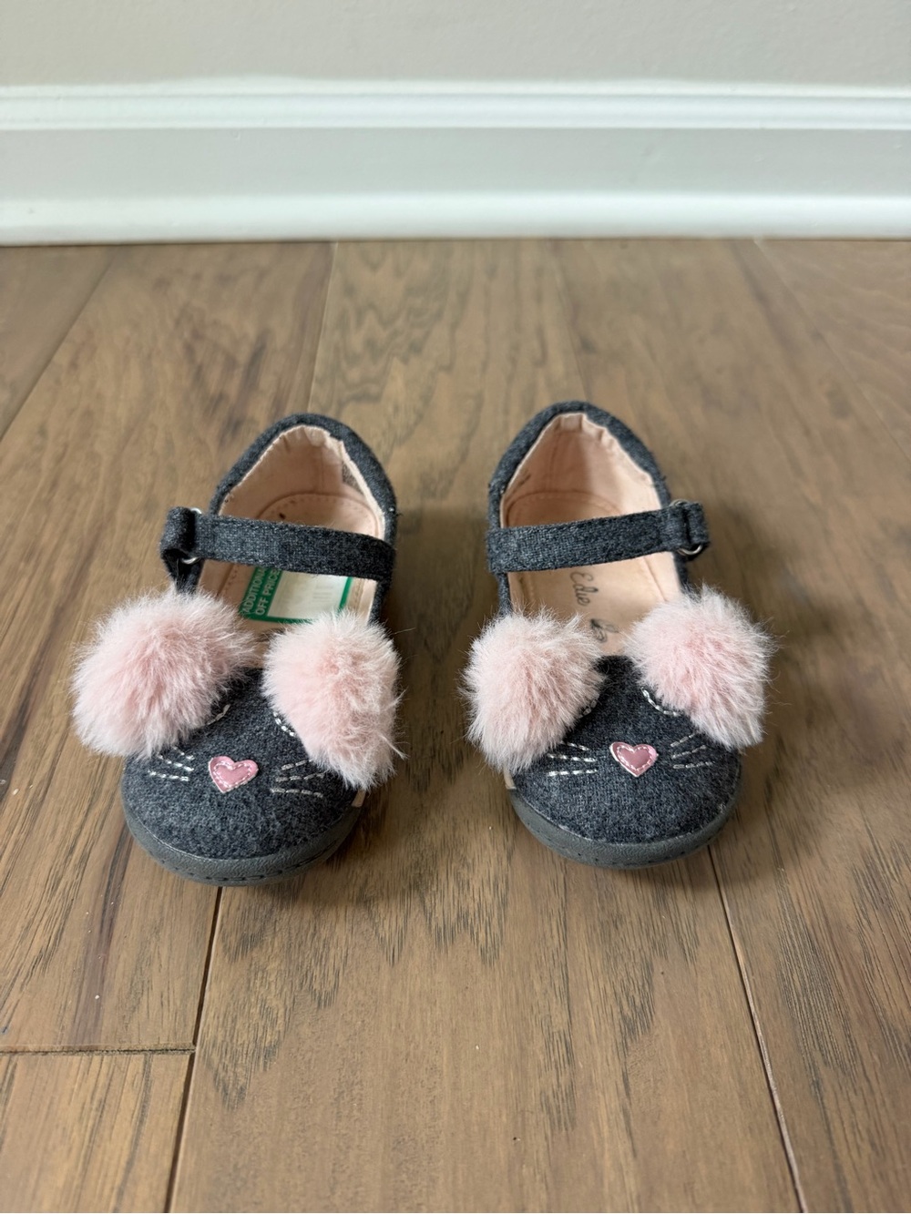 Girls Dark Gray Mary Jane Shoes with Pink Pom-Pom Accents